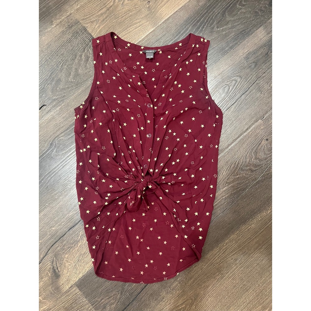 Eddie Bauer Womens XS Star Print Sleeveless Button‎ Front Tie Hem Top Burgundy